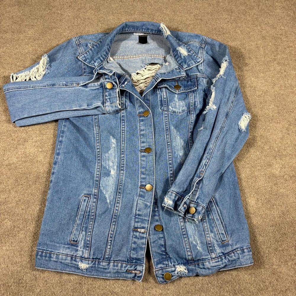 Fashion Nova Jacket Womens Small Blue Denim Light Wash Ripped Back Distressed